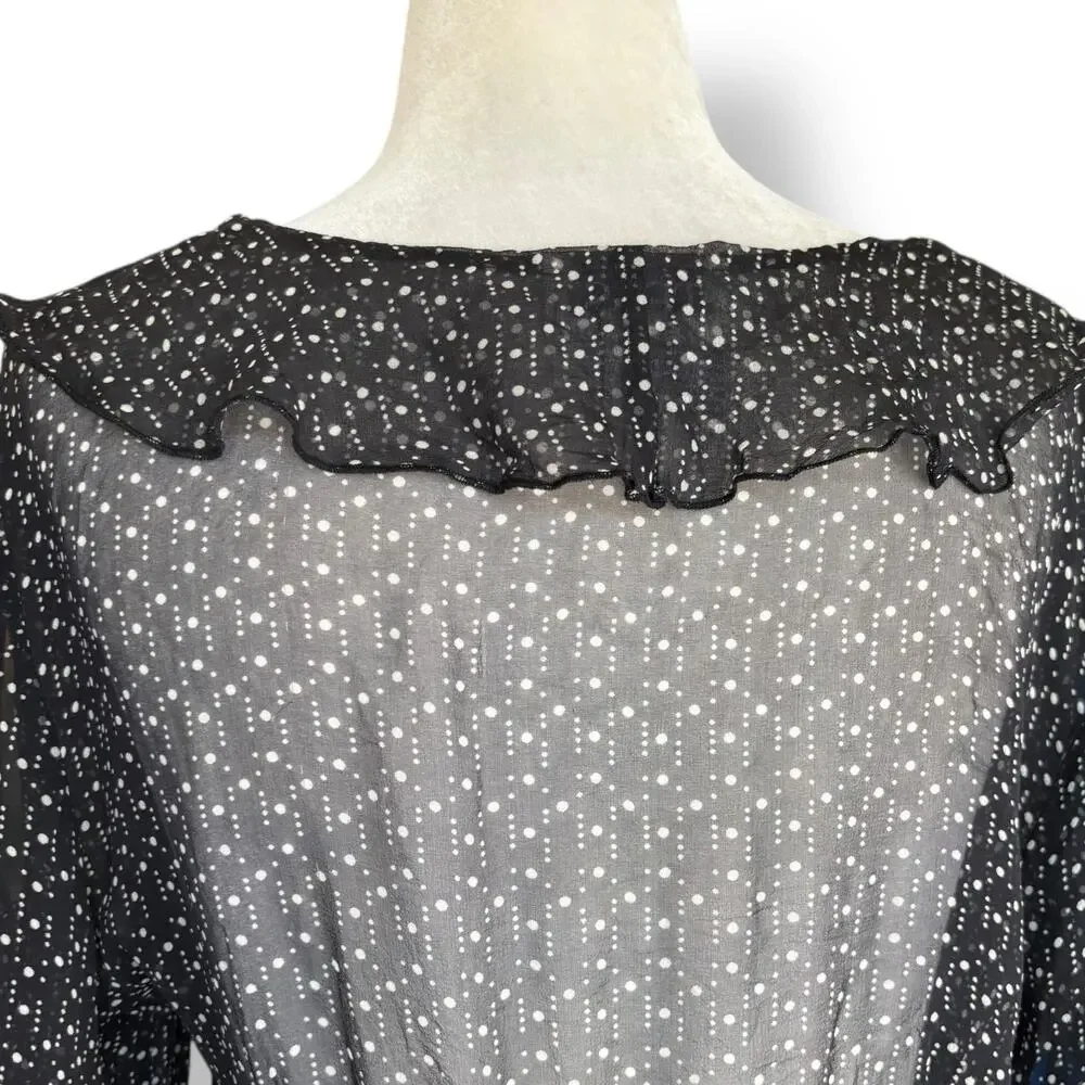 Vintage Blouse Black Sheer Silk Ruffle Top Polka Dot Lightweight Feminine Twee